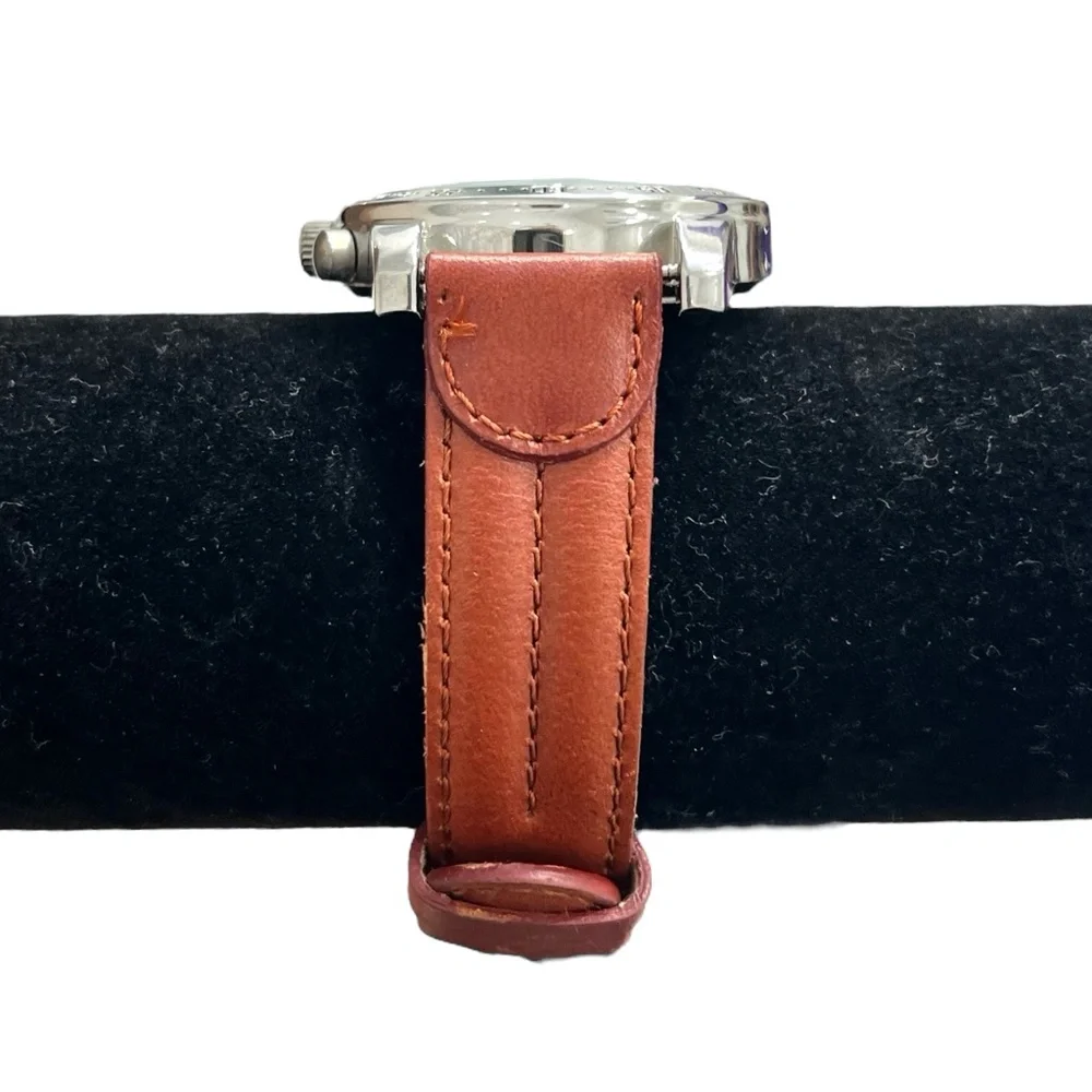 BIJOUX TERNER STAINLESS STEEL CHRONOGRAPH WRISTWATCH WITH BROWN LEATHER STRAP